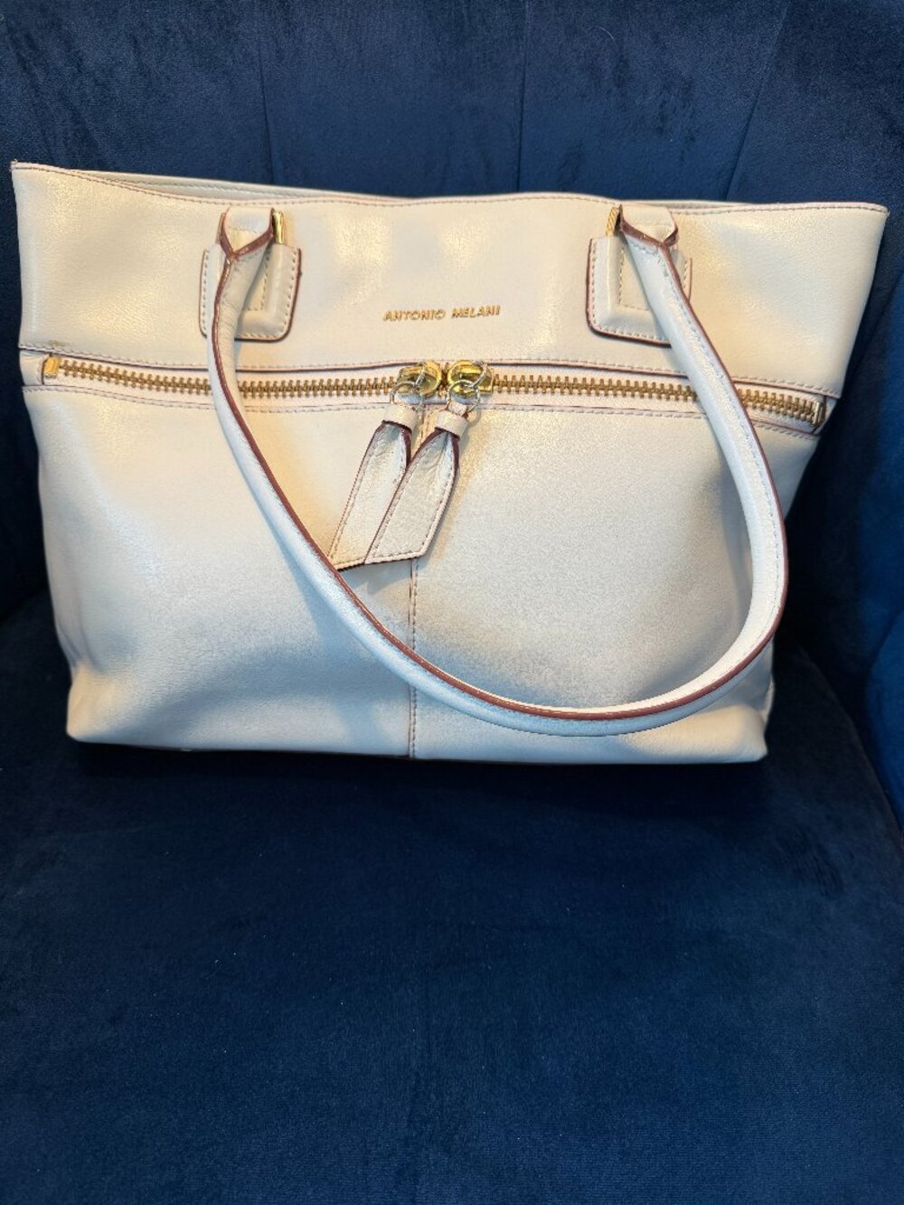 Antonio Melani Cream Leather Two-Way Zip Tote Shoulder Bag